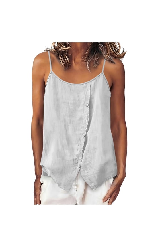 Women's Waffle Knit Henley Cami, Spaghetti Strap Tank Top with Button Placket, Casual Relaxed Fit Summer Wear White M
