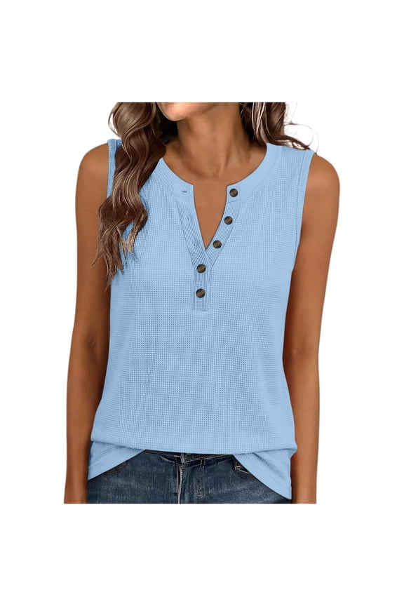 Women's Waffle Knit Henley Tank, V-Neck Sleeveless Blouse with Partial Buttons, Casual Summer & Everyday Wear Light Blue S
