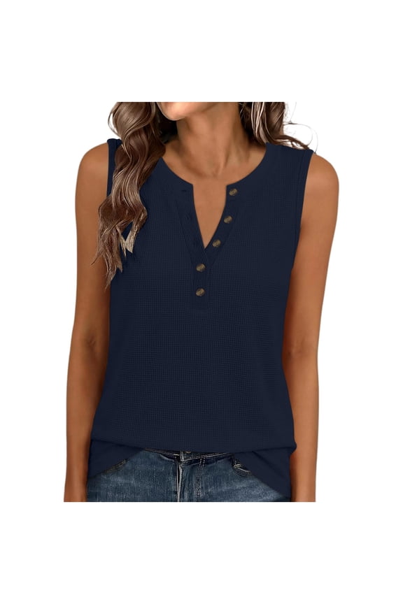 Women's Waffle Knit Henley Tank, V-Neck Sleeveless Blouse with Partial Buttons, Casual Summer & Everyday Wear Navy S