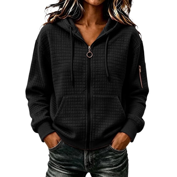 CYMMPU Women’s Waffle Knit Zip Up Hooded Sweatshirt, Long Sleeve Drawstring Hood Kangaroo Pocket Relaxed Fit Casual Outerwear for Daily Lounging Street Outfits Black L