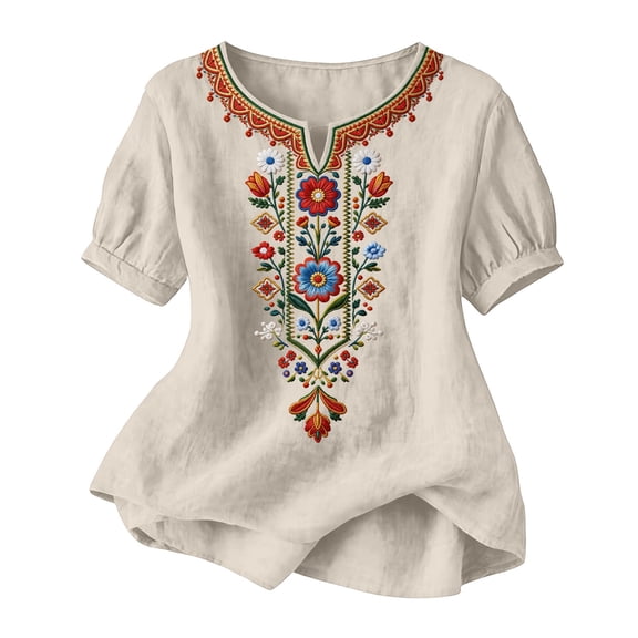 CYMMPU Women's Washed Crinkle Linen Blend Short Sleeve Blouse, Split V Neck Floral Embroidery Puff Sleeve Loose Summer Top Beige M