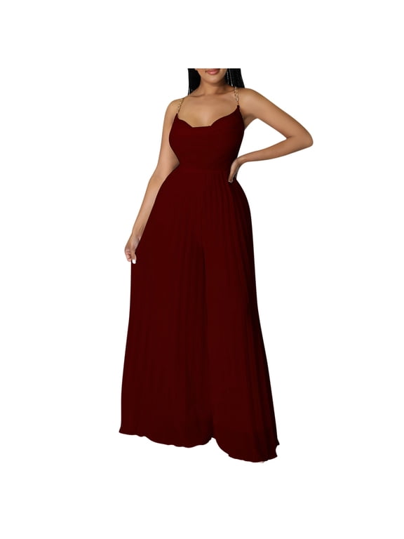 Women's Wide Leg Outfits Baggy Vintage Adjustable Strap Romper Adjustable Strap Romper Lightweight Long Pants Plain Color Overalls Long Bib Pants Fashion Summer Clothes Wine M