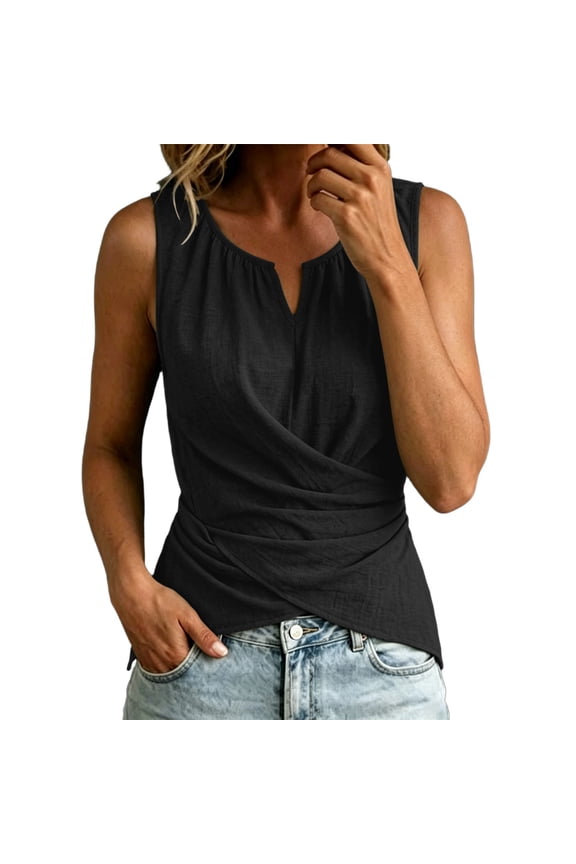 Women's Wrap-Front Sleeveless Top, V-Neck Linen Blend Blouse with Asymmetric Hem & Notched Neck, Casual Summer Wear Black M
