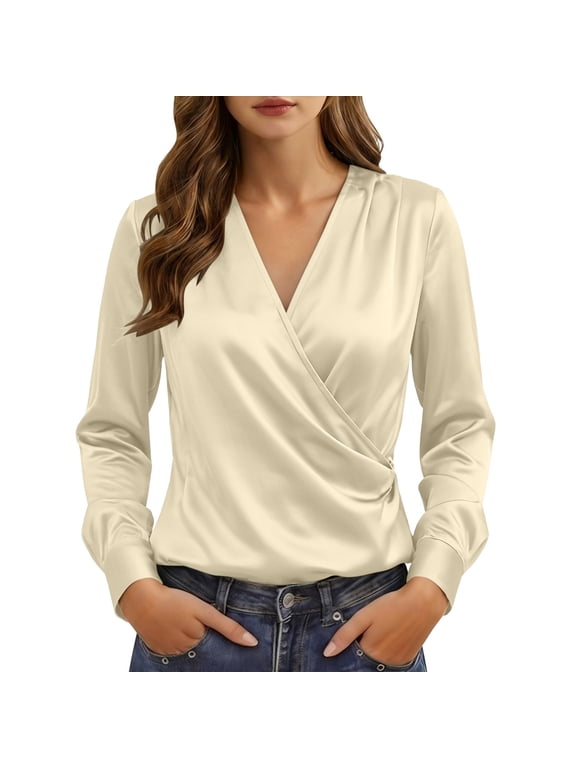 Women’s Wrap V Neck Satin Blouse, Long Sleeve Elegant Fitted Pullover Shirt, Dressy Silky Top for Office Commute Business and Evening Party Occasions Beige M