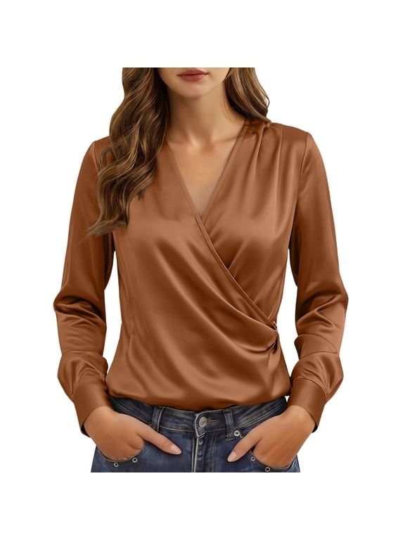 Women’s Wrap V Neck Satin Blouse, Long Sleeve Elegant Fitted Pullover Shirt, Dressy Silky Top for Office Commute Business and Evening Party Occasions Brown S