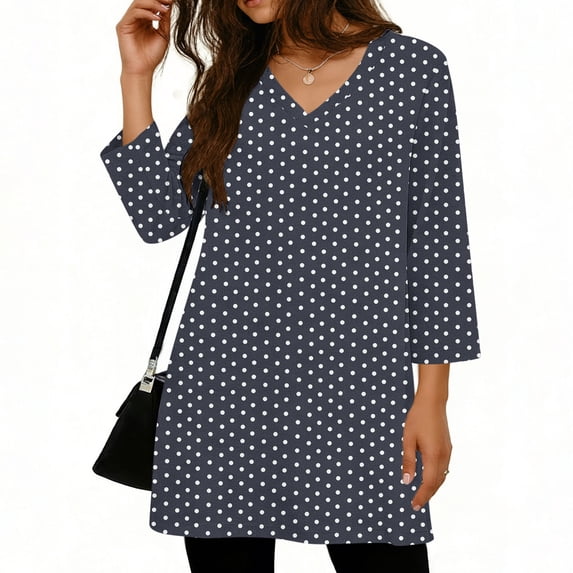 CYMMPU Womens 3/4 Sleeve V Neck Boho Pleated Blouses for Women Polka Dot Print Dressy Casual Loose Fit Tops Black S