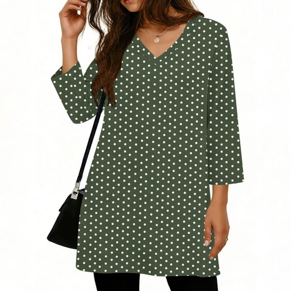 CYMMPU Womens 3/4 Sleeve V Neck Boho Pleated Blouses for Women Polka Dot Print Dressy Casual Loose Fit Tops Green XXL