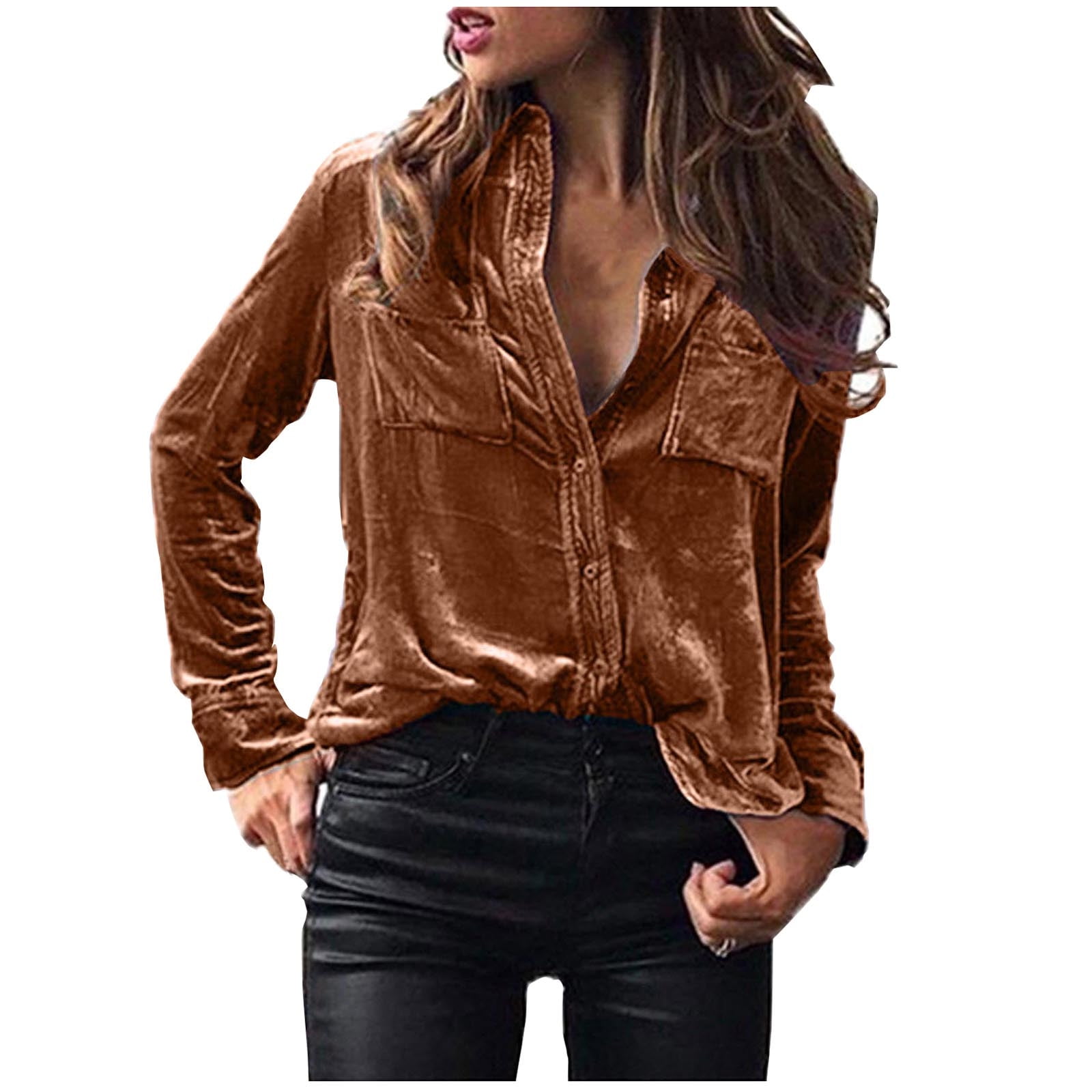 Velvet Button Front Long Sleeve Blouse