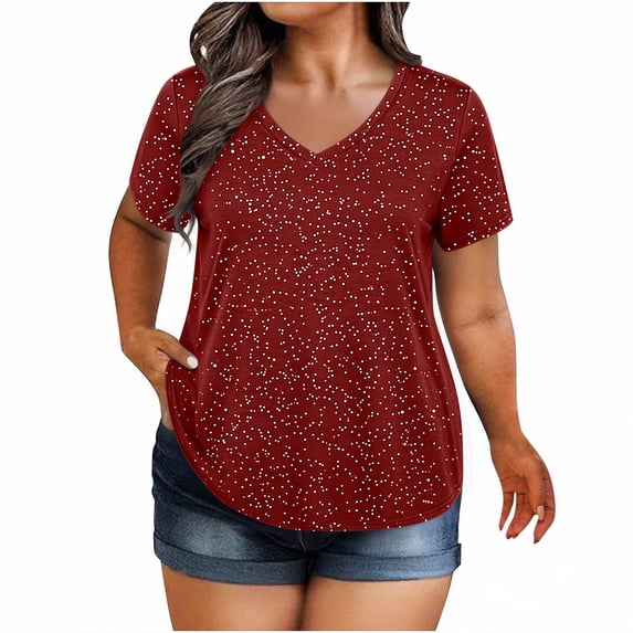 CYMMPU Womens Plus Size Tops Basic Summer Shirts Short Sleeve V Neck Tunics Casual T-Shirt Loose Fits Blouse Red XXL