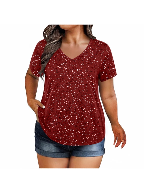 Womens Plus Size Tops Basic Summer Shirts Short Sleeve V Neck Tunics Casual T-Shirt Loose Fits Blouse Red XXXXL