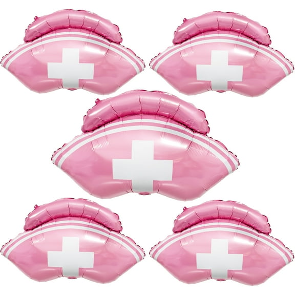 CYMYLAR 27" Pink Nurse Hat Foil Balloons for Nurse Graduation, Nurse Day, Birthday, Thank You Gift, Hospital Party Decorations - 5 Pack
