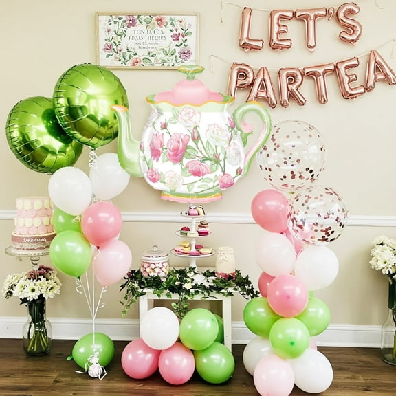 CYMYLAR 39pc Teapot Balloons Tea Party Kit Let's Partea Decor for Birthday Bridal Baby Shower
