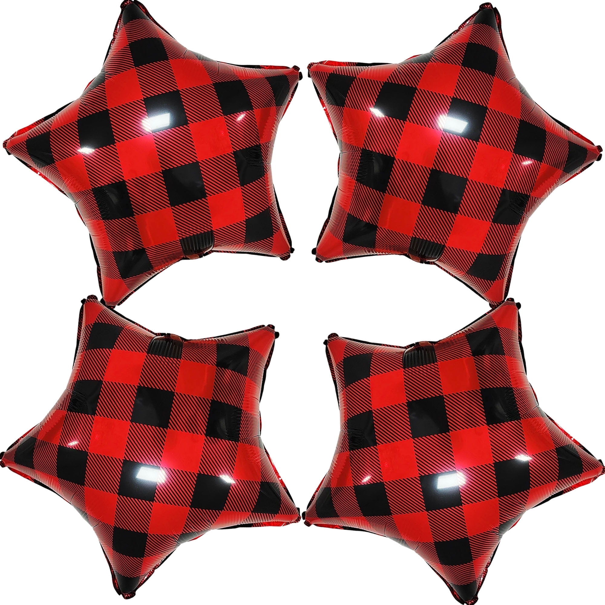 CYMYLAR 4 Pack 18in Red and Black Buffalo Plaid Star Mylar Balloons, Lumberjack Rustic Party Decor.