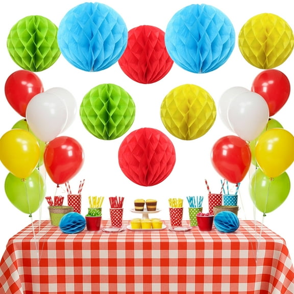 CYMYLAR Colorful Party Decoration Set with Balloons, Honeycombs, Tablecloth - Perfect for Picnics