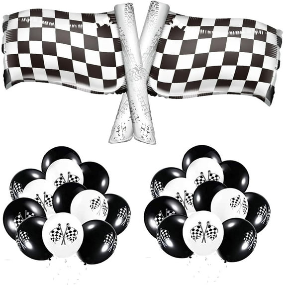 CYMYLAR Mylar Flag Balloons Black and White Checkered Racing Car Party Decoration 26 Pcs