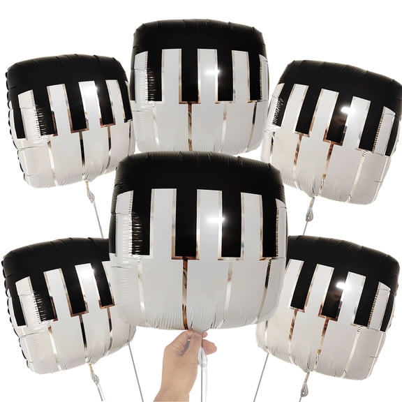 CYMYLAR Piano Keyboard Mylar Balloons Set (6-Pack), 18-Inch, Musical Theme Party Decorations, Black White Foil Balloons for Birthday, Concert, Graduation