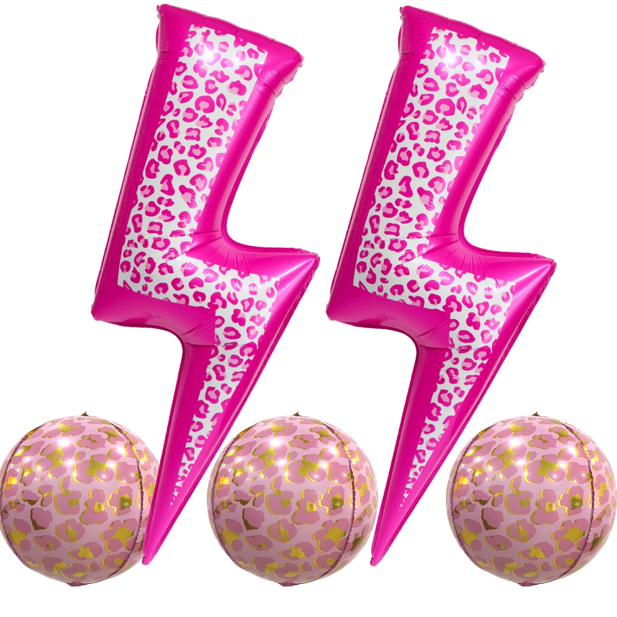 CYMYLAR Pink Leopard Lightning Bolt Foil Balloons 5-Piece Set, Glam Diva Girls Birthday Party Decorations, Mylar
