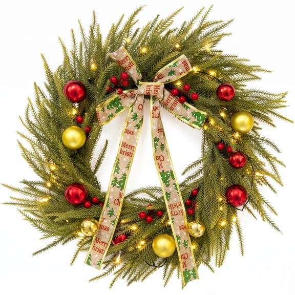 CHHYVKUIN 24Inch Pre-lit Norfolk Christmas Wreath, Battery Operated Artificial Christmas Metallic Baubles Wreath for Front Door Garage Indoor Outdoor Farmhouse Holiday Décor