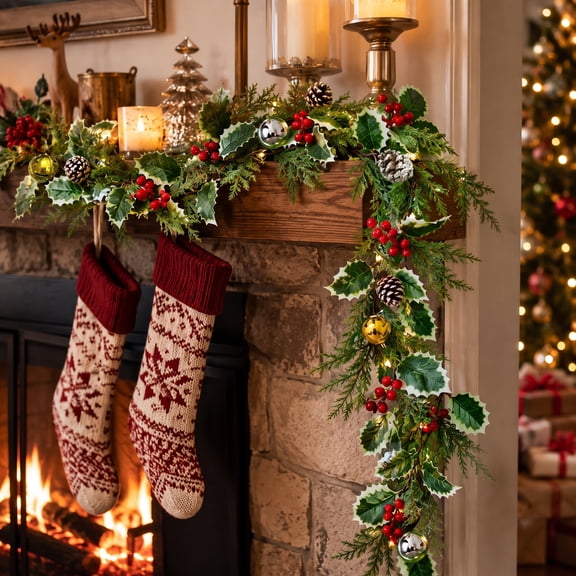 CHHYVKUIN 6ft Prelit Artificial Christmas Pine Garland Holly Leaves Vine Greeney For Mantle Fireplace Table Indoor Outdoor Xmas Holiday Decor
