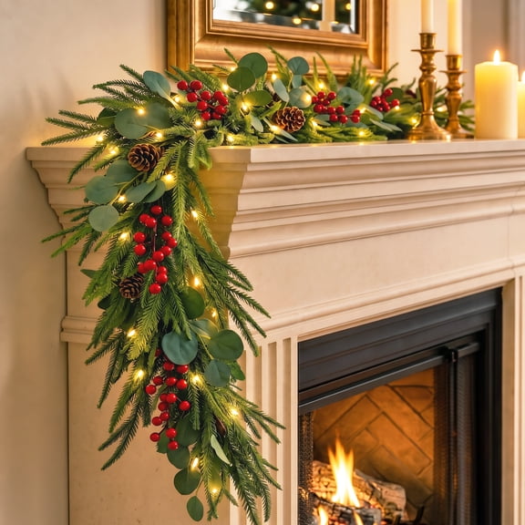 CYNERA 6ft Prelit Realistic Norfolk Christmas Pine Garland Artificial Eucalyptus Vine Greeney For Mantle Fireplace Table Indoor Outdoor Xmas Holiday Decor