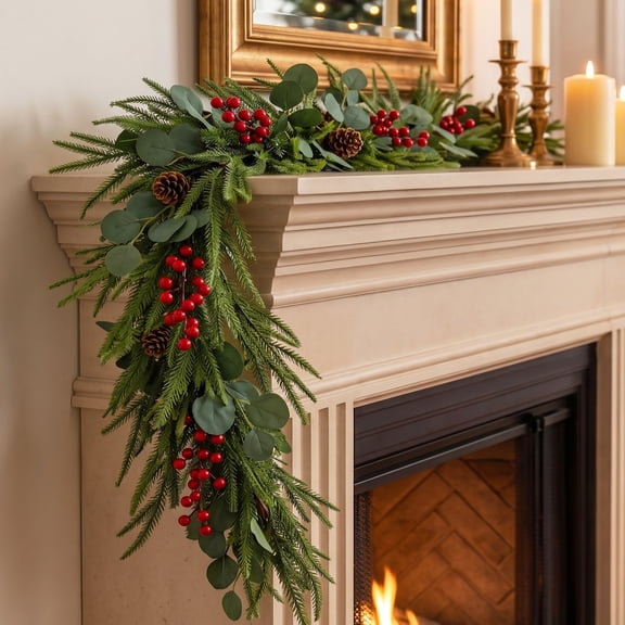 CYNERA 6ft Realistic Norfolk Christmas Pine Garland Set of 2 Artificial Eucalyptus Vine Greeney for Mantle Fireplace Table Indoor Outdoor Xmas Holiday Decor