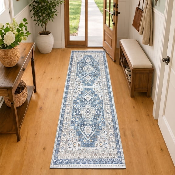 CYNERA Vintage Distressed Bohemian Runner Rug 2'x6', Blue Washable Foldable Non-Slip Low-Pile Carpet for for Hallway Entryway Kitchen Laundry Room