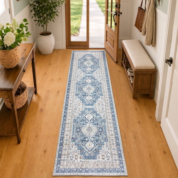 CYNERA Vintage Distressed Bohemian Runner Rug 2'x8', Blue Soft Machine Washable Foldable Non-Slip Carpet for Hallway Kitchen Entryway Bedroom Laundry