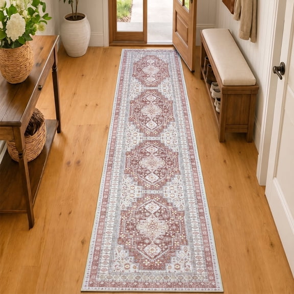 CYNERA Vintage Distressed Bohemian Runner Rug Red 2'x10', Soft Machine Washable Foldable Non-Slip Carpet for Hallway Kitchen Entryway Living Room Bedroom