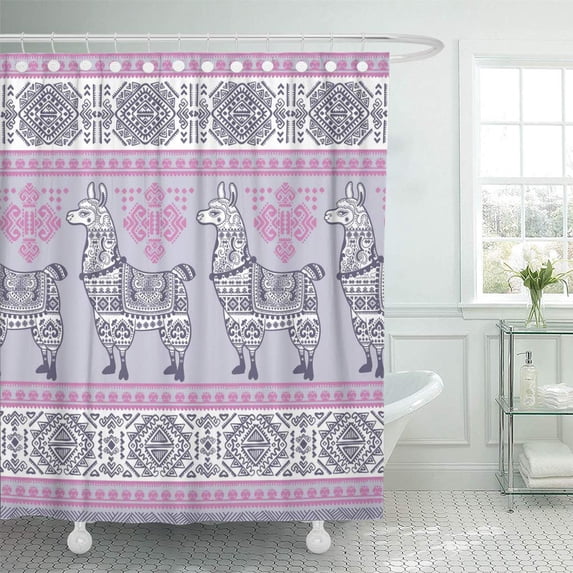 CYNLON Abstract Cute Alpaca Llama Ethnic Ornaments America Bathroom Decor Bath Shower Curtain 66x72 inch