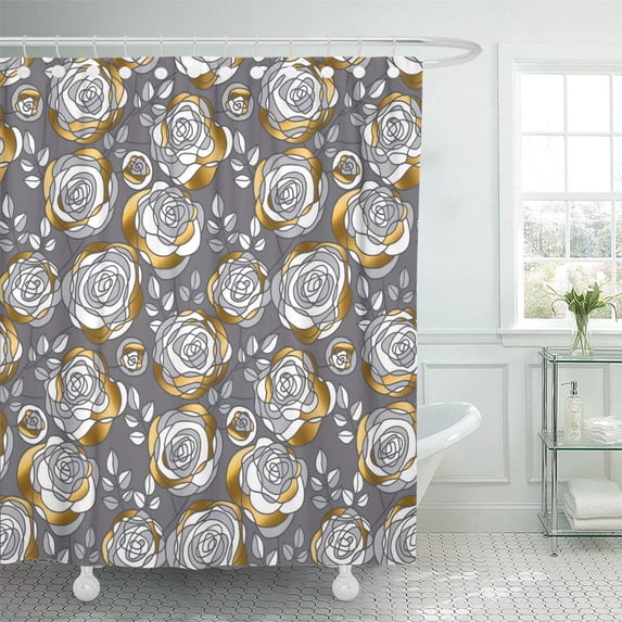 CYNLON Abstract Decorative Rose Flowers Seamless Pattern Gold and Gray Floral Bathroom Decor Bath Shower Curtain 66x72 inch