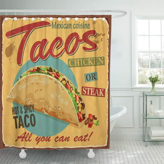 CYNLON Aged Vintage Tacos Metal Sign Beef Cheese Chili Cook Delicious Bathroom Decor Bath Shower Curtain 66x72 inch