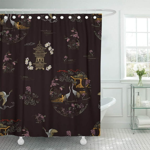 CYNLON Ancient Asian Vintage Traditional Oriental for Textural Blossom Cherry Bathroom Decor Bath Shower Curtain 66x72 inch