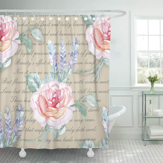 CYNLON Anniversary Watercolor Seamless Pink Roses Lavender on a Text Bathroom Decor Bath Shower Curtain 66x72 inch