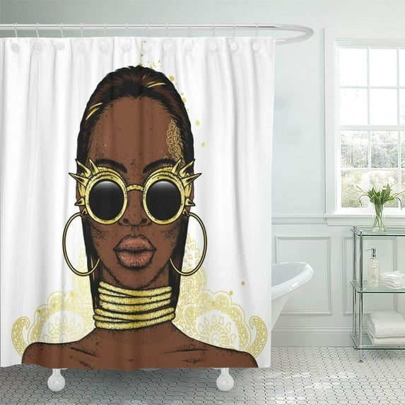 CYNLON Beautiful Girl Wearing Glasses Black Woman Vector Illustration Fashion Bathroom Decor Bath Shower Curtain 66x72 inch