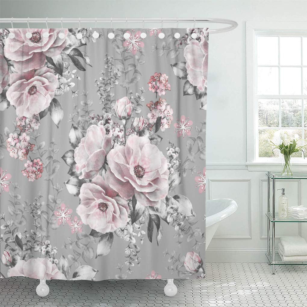 CYNLON Beige Retro Pink Flowers and Leaves on Gray Watercolor Bathroom ...