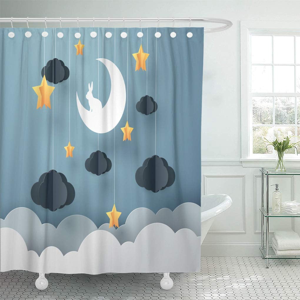 CYNLON Blue of Goodnight and Sweet Dream Night Origami Mobile Bathroom Decor Bath Shower Curtain ...