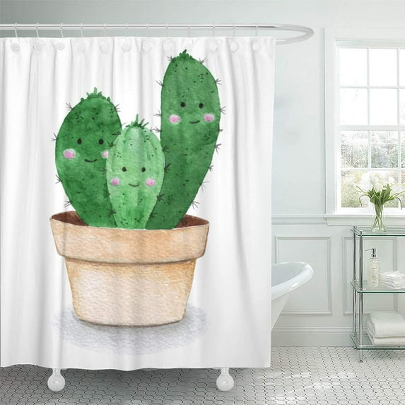 CYNLON Bright Colorful Beauty Cute Cactus Watercolor Hand Green Branch Bathroom Decor Bath Shower Curtain 66x72 inch