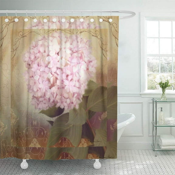 CYNLON Brown Floral Softly Summer Vintage Pink Hydrangea Tan Hand Bathroom Decor Bath Shower Curtain 60x72 inch