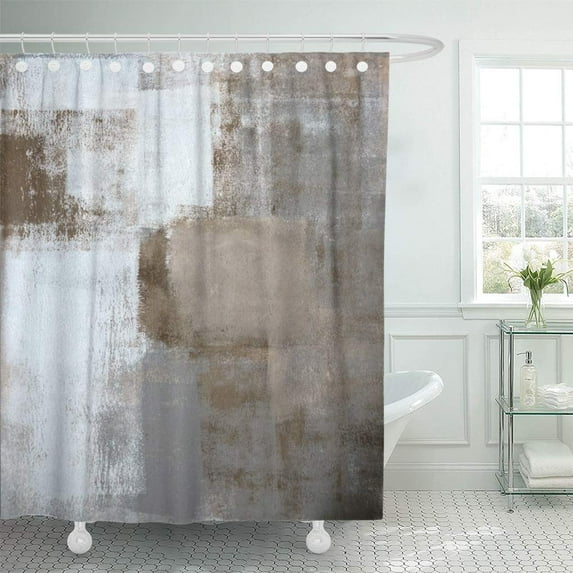 CYNLON Brown White Calm and Grey Beige Abstract Squares Painting Bathroom Decor Bath Shower Curtain 60x72 inch