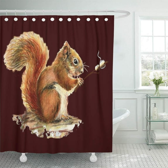 CYNLON Camping Fun Watercolor Red Squirrel Roasting Cabin Vacation Humor Bathroom Decor Bath Shower Curtain 66x72 inch