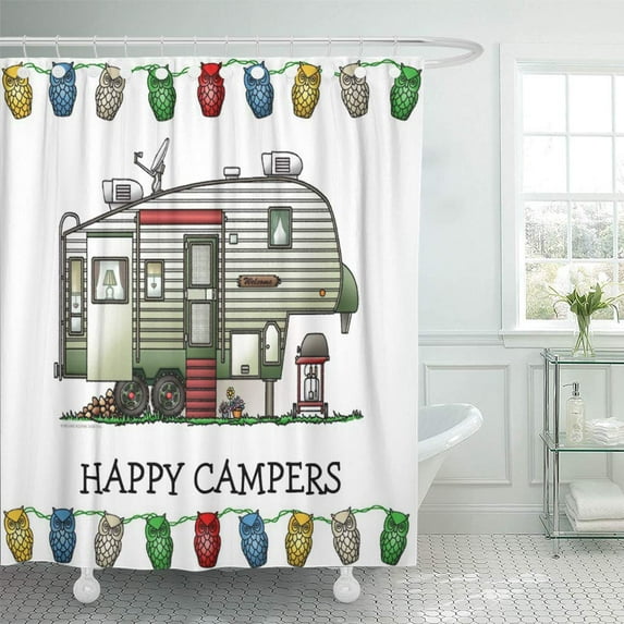 CYNLON Camping High Tech Wheel Trailer Fifth Rally Whimsical Vintage Bathroom Decor Bath Shower Curtain 60x72 inch