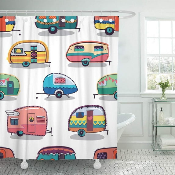CYNLON Caravan Mid Fifties Cartoonish Campers Pattern Van Vespa Activity Bathroom Decor Bath Shower Curtain 60x72 inch