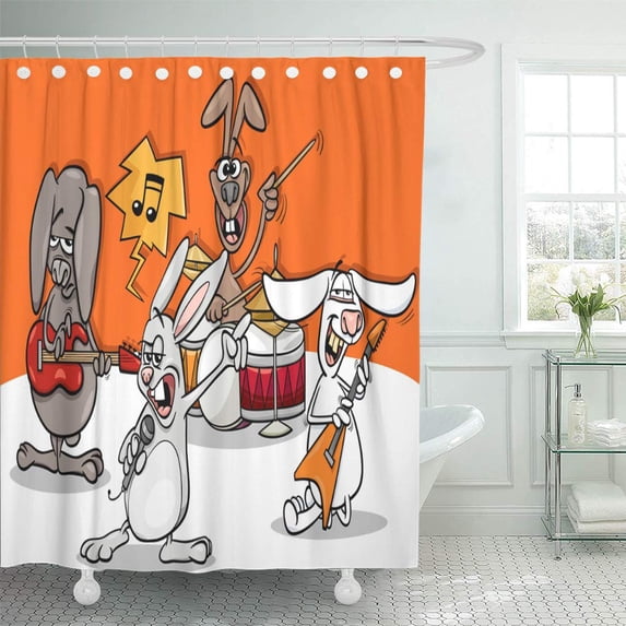 CYNLON Cartoon of Funny Rabbits Band Playing Rock Music Bathroom Decor Bath Shower Curtain 66x72 inch