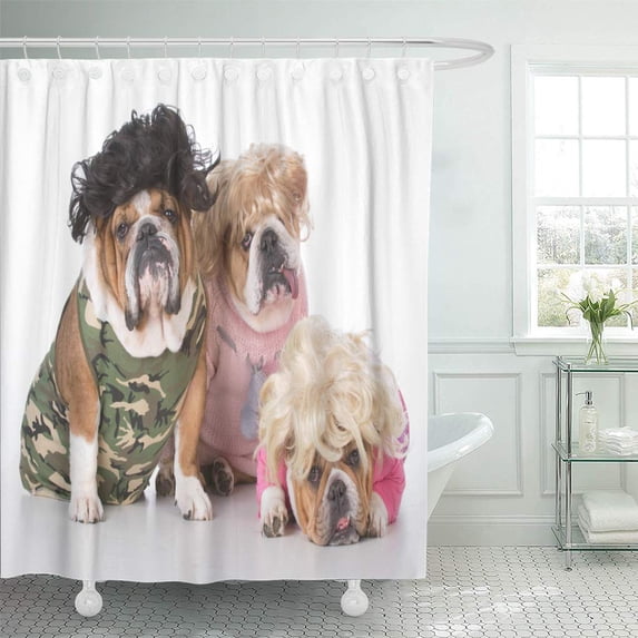 CYNLON Characters Bulldog Family Wearing Wigs White Canine Costume Bathroom Decor Bath Shower Curtain 60x72 inch