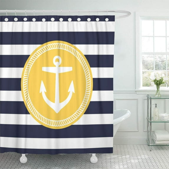 CYNLON Chic and Yellow Preppy Nautical Stripes Anchor Girly Bathroom Decor Bath Shower Curtain 60x72 inch