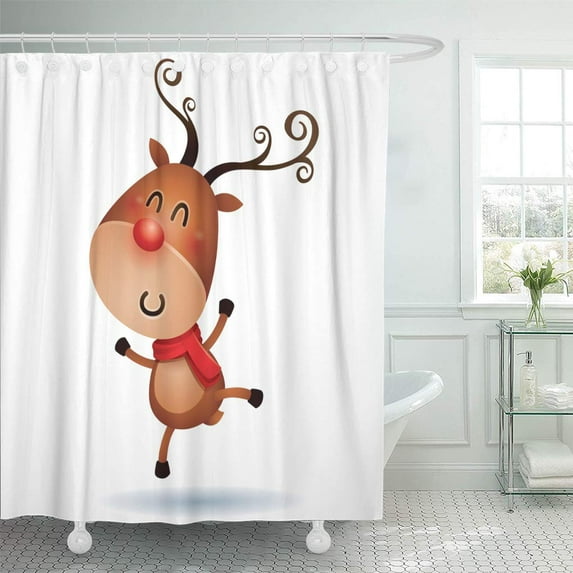 CYNLON Christmas The Red Nosed Reindeer Jumping Up in Excitement Bathroom Decor Bath Shower Curtain 66x72 inch