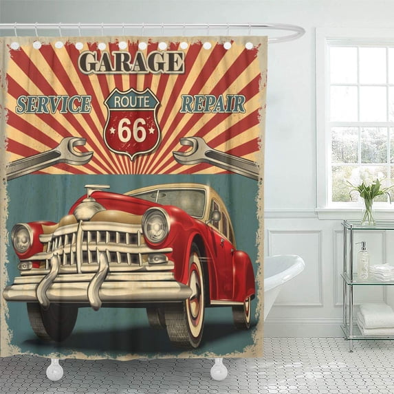 CYNLON Classic Car Vintage Garage Retro Route American Sign Mechanic Bathroom Decor Bath Shower Curtain 66x72 inch