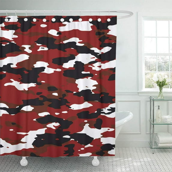 CYNLON Colorful Black Red White and Crimson Wide Camouflage Pattern Bathroom Decor Bath Shower Curtain 66x72 inch