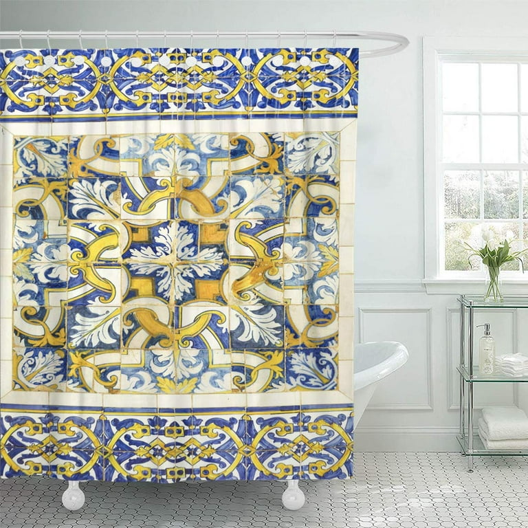 CYNLON Colorful Blue Portugal Azulejo Portuguese Ceramic Tiles White History Bathroom Decor Bath Shower Curtain 60x72 inch Walmart