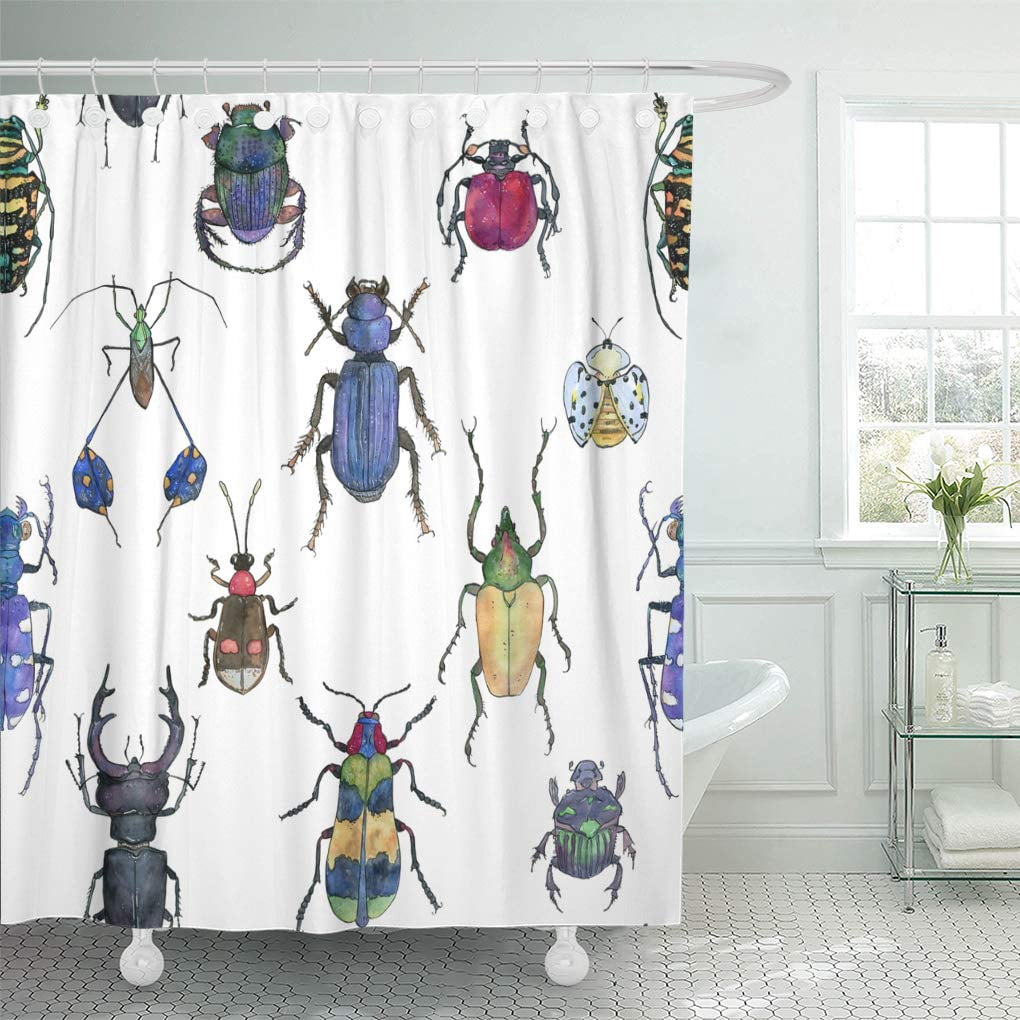 CYNLON Colorful Insect of Watercolor Sketch Beetles on Bug Biology Bathroom Decor Bath Shower ...